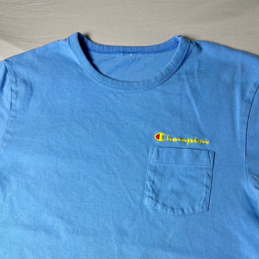 Champion Mens Pocket T-Shirt Blue Embroidered Script Logo Short Sleeve Tee
